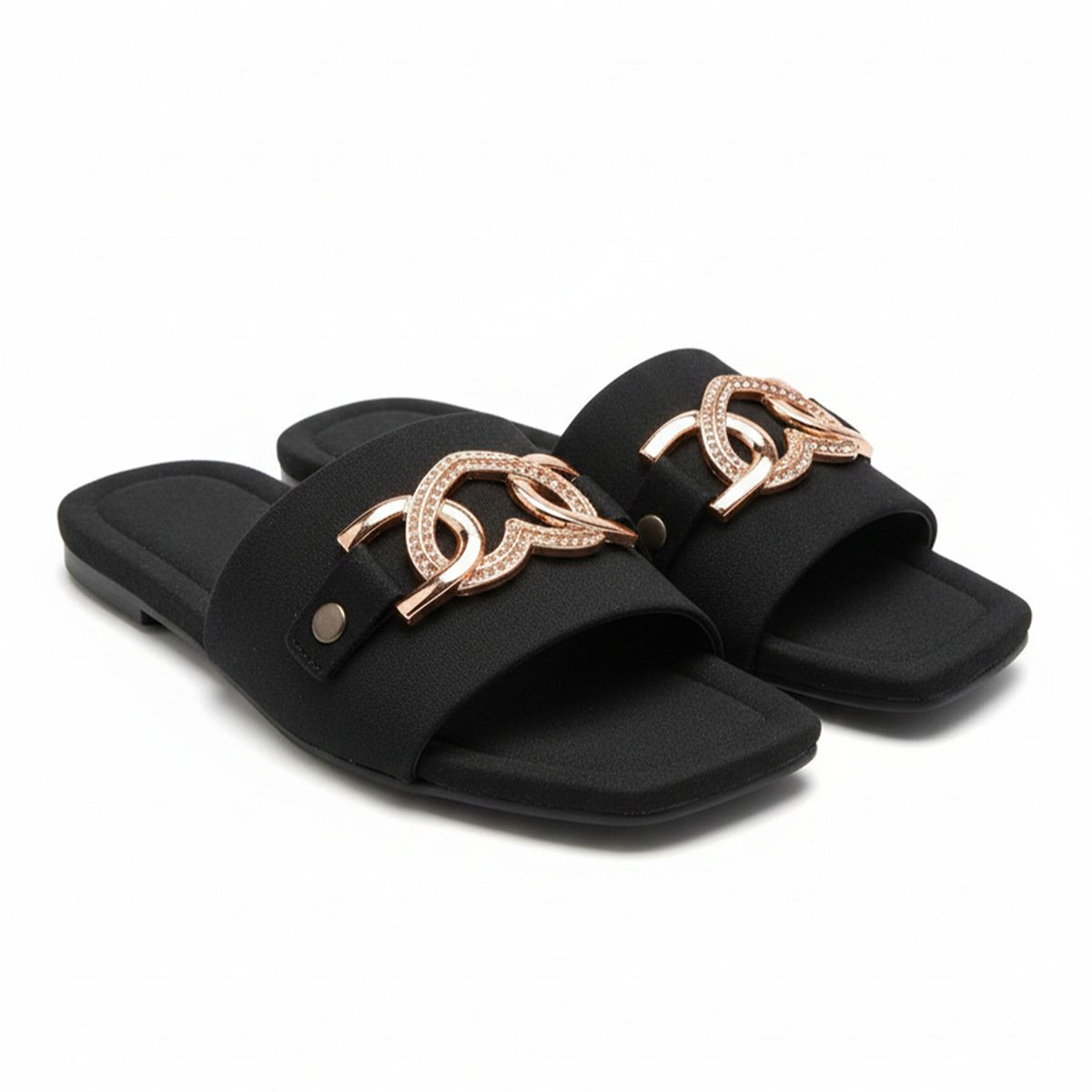Black Slip On Sandal with Gold Embellishment
